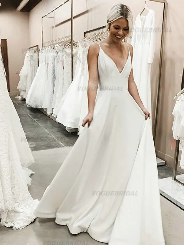

White V-Neck Wedding Dress A-Line Women Simple Sleeveless Floor-Length Satin Bridal Gown Vestido Luxo Para Festa De Gala 2022