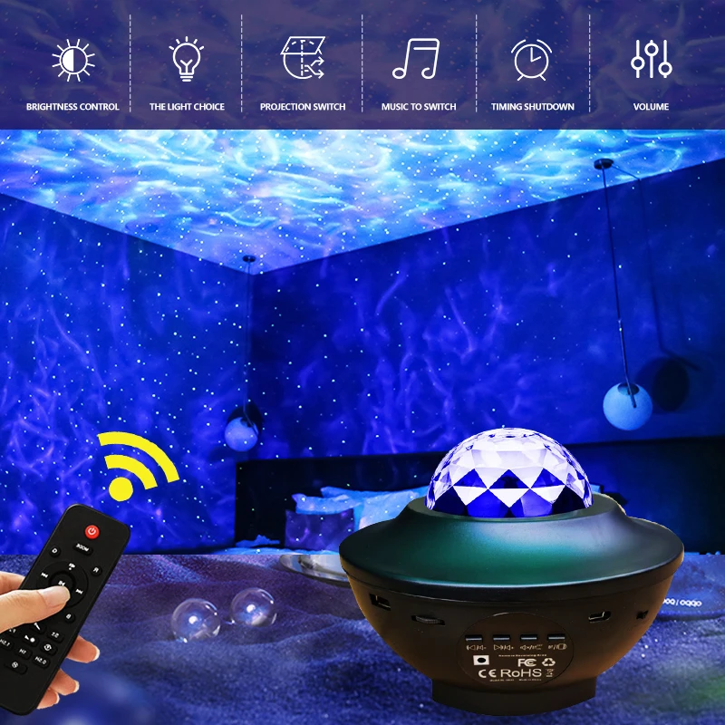 LED Star Galaxy Projector Ocean Wave Night Light Room Rotate Starry Sky Speaker Lamp  Decoration  Music Party Colourful Bedroom candle night