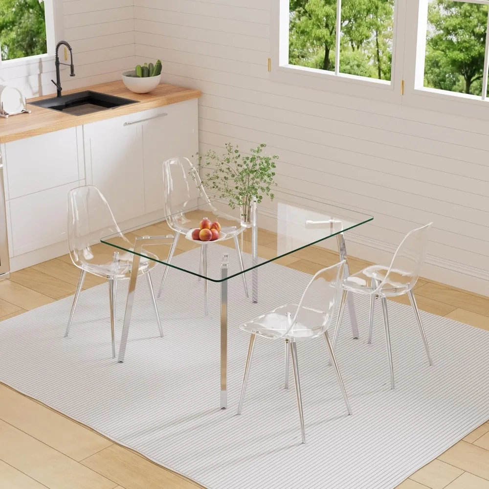 Silver Clear Glass Dining Table Set for 4, 51'' Modern Luxury Rectangle Dinner Room Set, 5 Pieces Small Minimalist Kitchen Table