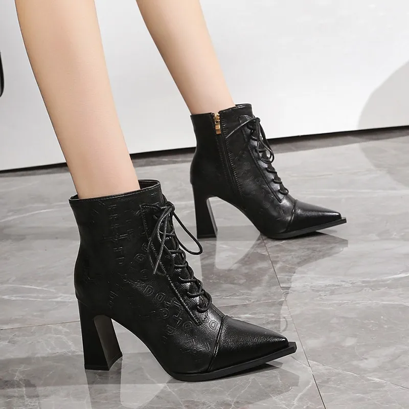 

2024 New Brand Qulaity Leather Women's Ankle Boots HIgh Heels Platform Shoes Black Khaki Dress Party