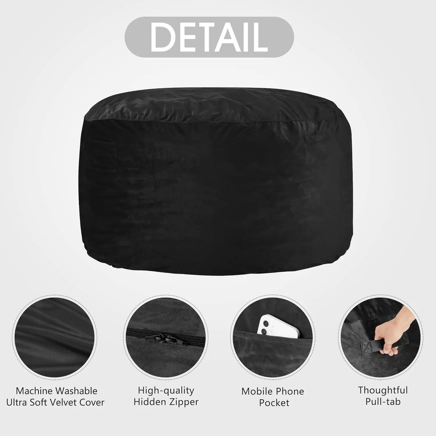 Bean Bag Chair: Large 5' Bean Bags with Memory Foam Filled, Large Beanbag Chairs Soft Sofa with Dutch Velet Cover(Black)