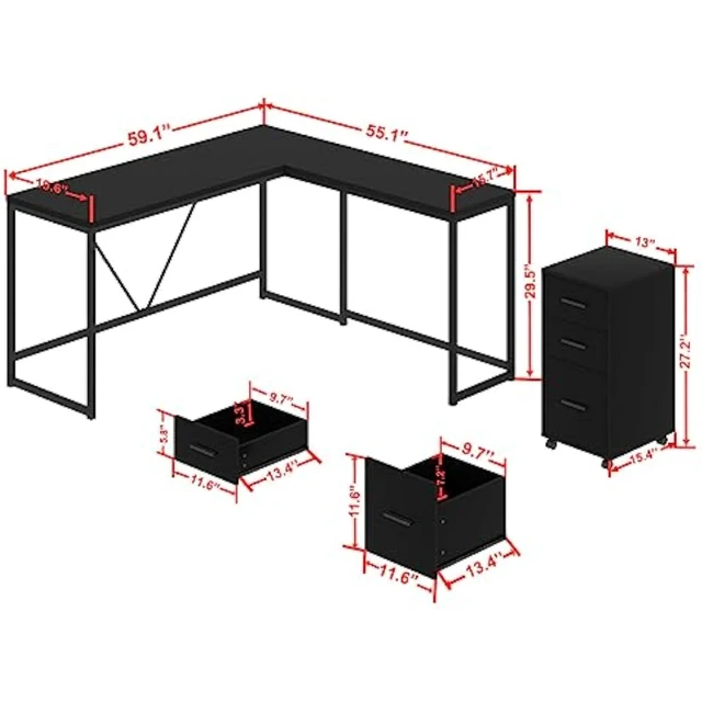  HSH L Shape Home Office Desk with Drawers, L-Shaped