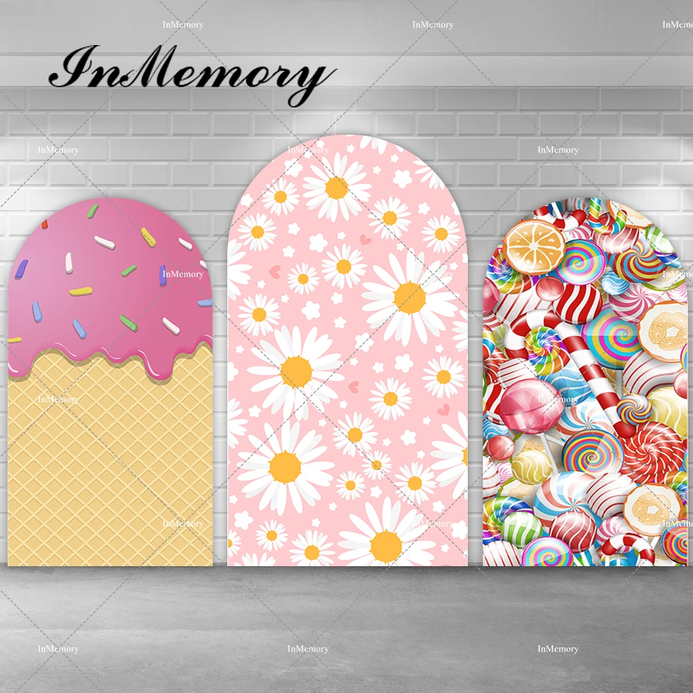

Girls Newborn Baby Shower 1st Birthday Party Arch Backdrop Cover Daisy Ice Cream Candy Theme Chiara Wall Backgrounds Doubleside