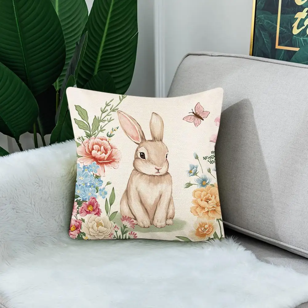 

Linen Pillow Cover Easter Bunny Eggs Pattern Linen Pillowcase Rabbit Decorative Sofa Cushion Cover for Home Easter Decorations