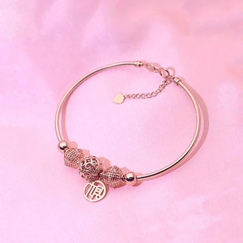 

585 Purple Gold Openwork Round Bead Cai Pendant Bracelets for Women 14K Rose Gold Plated Fashion Chinese Charm Jewelry