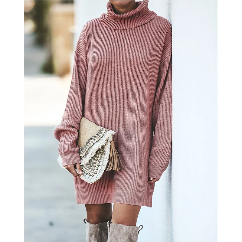 

Autumn Winter Office Long Turtleneck Pulover Pink Knitted Warm Sweater Dress Women Korean Streetwear Long Sleeve Ribbed Sweater