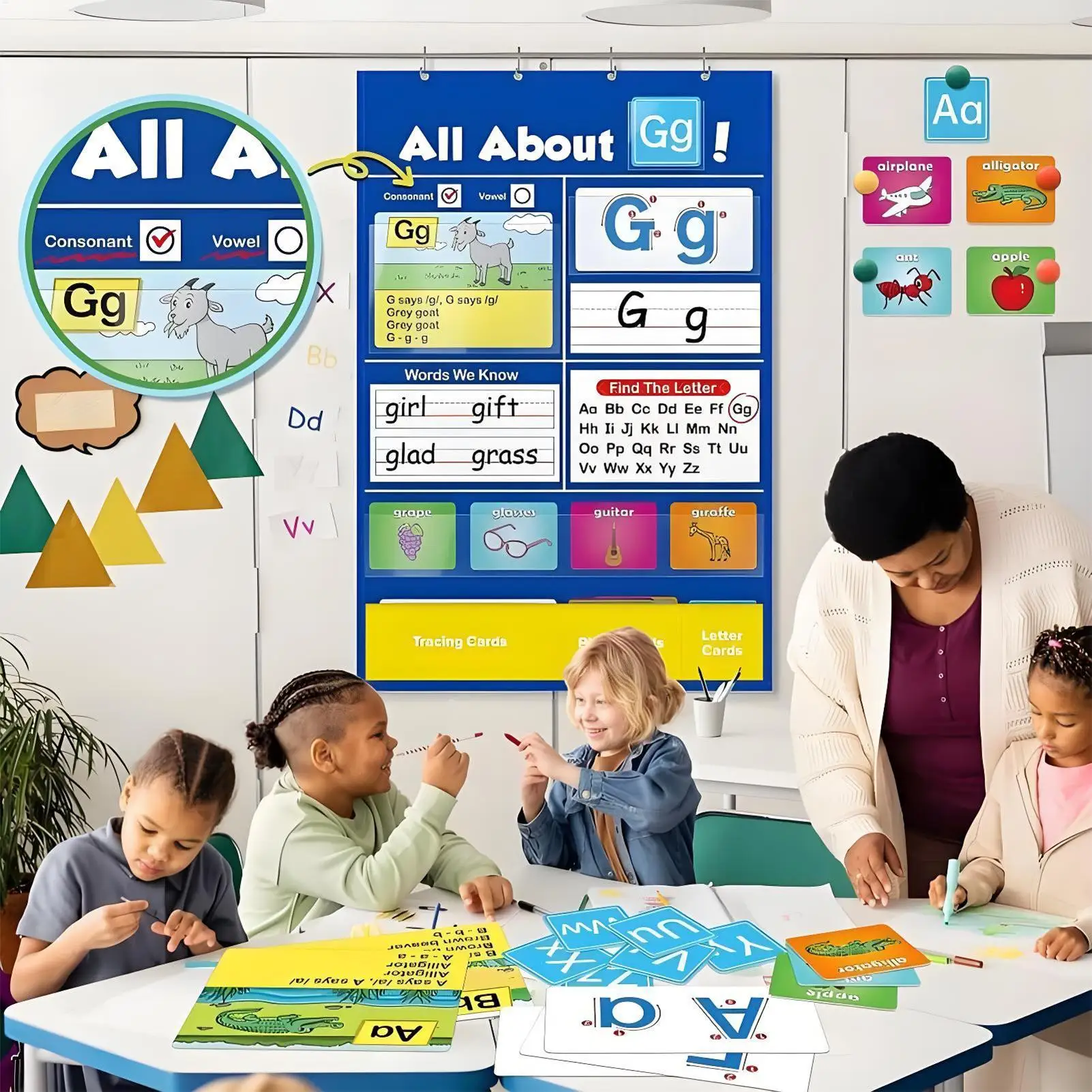 Wall Alphabet Pocket Chart All About Alphabet Chart A-B-C Flash Cards Learning Games Interactive Tool For Preschool Classroom