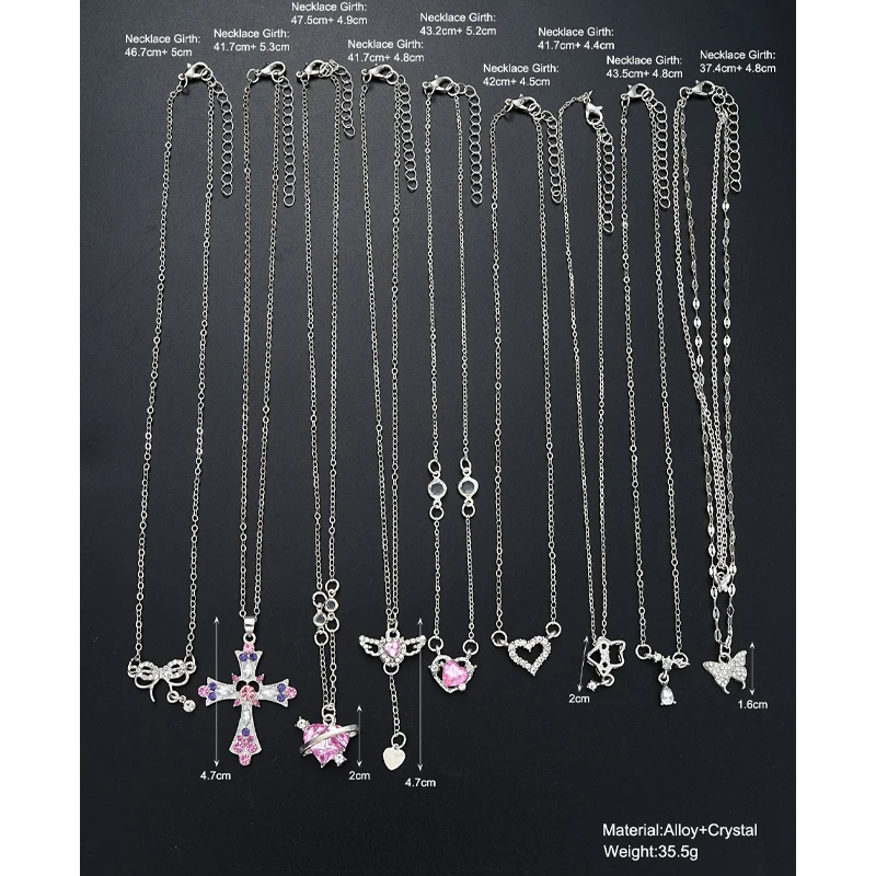 9 Pcs Gothic Y2K Pink Cross Heart Pendant Chain Choker Necklace Set For Women Girl Hip Hop Punk Charms Aesthetic Jewelry Gifts