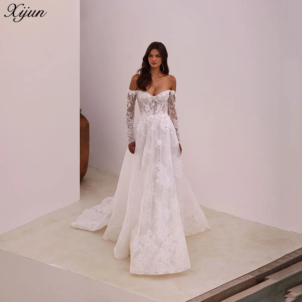 

Xijun Sexy V Neck Beach A Line Wedding Dresses Elegant Lace Appliques Bridal Gown Off The Shoulder Backless Bridal Dress Gala