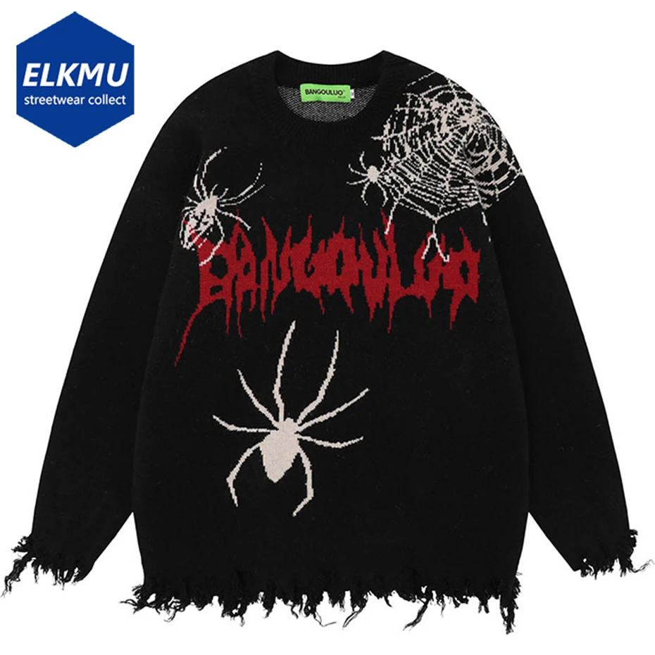 

Punk Goth Sweaters Spider Graphic Distressed Hip Hop Streetwear Sweaters Harajuku Oversized Y2K Sweater Pullover Knitted Jumper