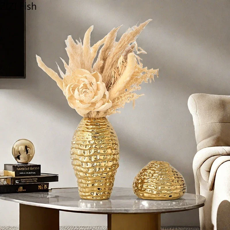 Golden Wrinkle Ceramic Vase Flowers Pots Desk Decoration Flower Arrangement Gold-plated Floral Vases Room Aesthetic Decor 3