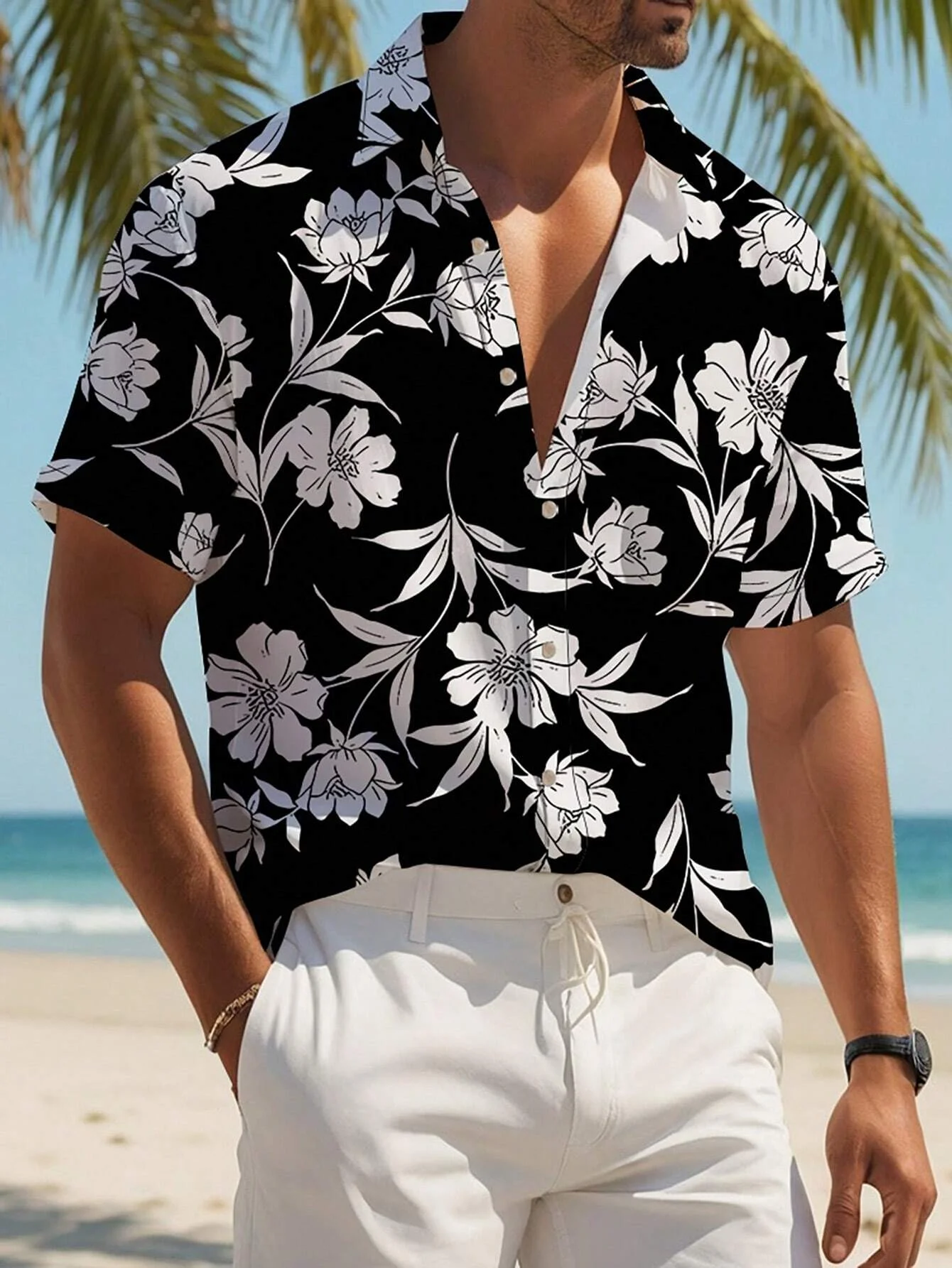 thumbnail image 1 of Camisa de manga corta con botones y estampado de plantas para hombre, estilo vacaciones, para exteriores, vacaciones, playa, verano, camiseta de licra, camisas hawaianas, 1 of 4