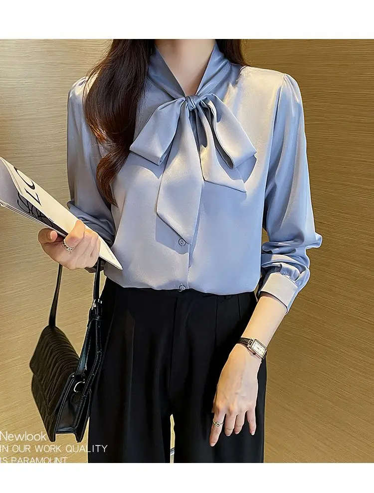 Korean Lacing Loose Solid Blouse Spring Autumn New Chiffon Long Sleeve All-match Elegant Shirt Tops Fashion Office Women Clothes