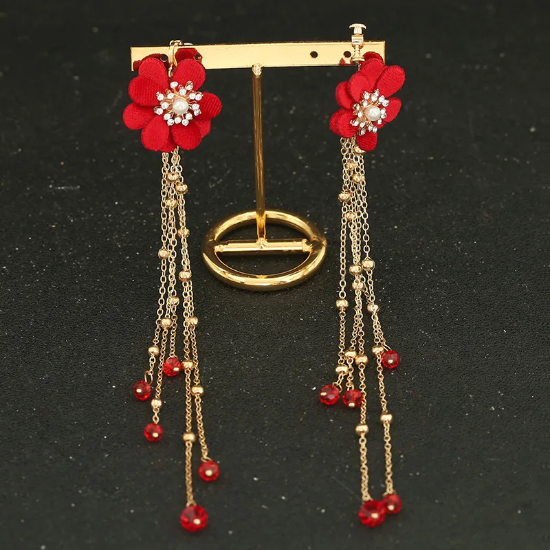 Chinese Women Red Flower Bridal Headpieces Wedding Headbands With Long Tassel Accessories for Brides Tiaras Crowns Headbands