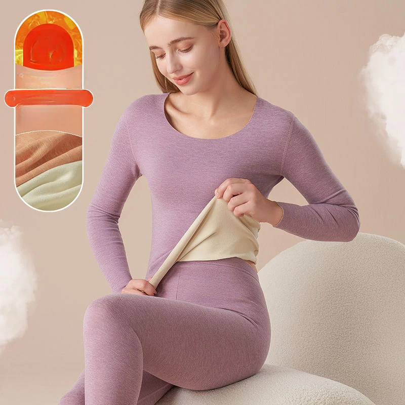 Winter Women Thermal Underwear Set Mid-high Collar Fleece Long Sleeve Top Pants Leggings Close-fitting 2 Piece Warm Suit