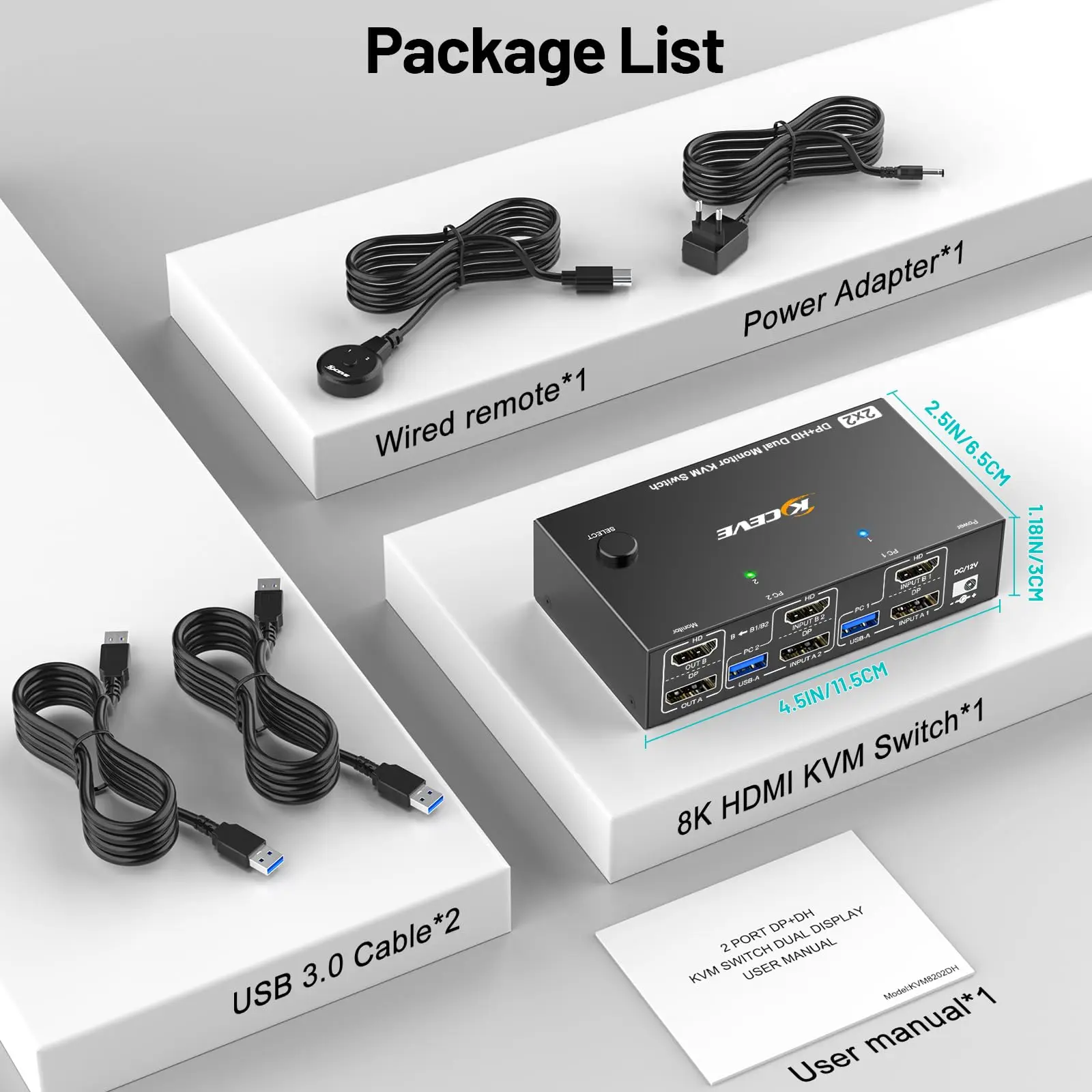 4K@144Hz KVM-перемикач 2 монітори 2 комп’ютери 8K@60Hz, HDMI + Displayport Подвійний монітор з 4 портами USB 3.0 для клавіатури миші принтера