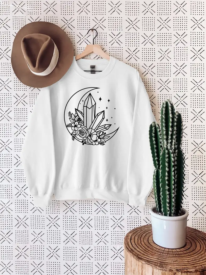 

Crystal Moon Flowers Sweatshirt Mystical shirts Women's Short Sleeve 100% Cotton Top Tee funny Graphic O Neck Mama Mother Tshirt