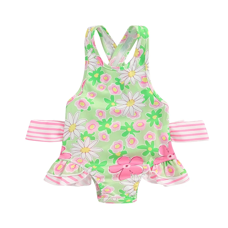 

Toddler Girls Swimsuits Floral Print Sleeveless Romper Halter Neck Back Cross Bandage Ruffled Summer Bathing Suit