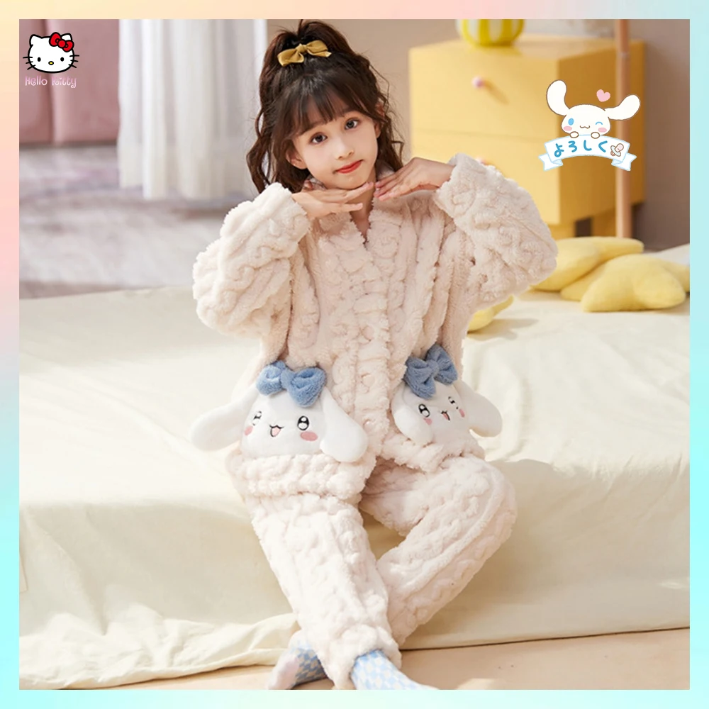 

Детская плюшевая пижама в стиле аниме Sanrioed Cinnamoroll, Hellokittys Kuromi Y2K, мультяшный Повседневный домашний костюм с капюшоном для девочек