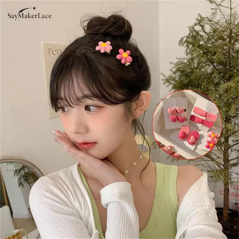 

New 2Pcs Fashion Hairpin Pink Flower Peach Heart Edge Clip Bow Hair Clip Cute Duckbill Clip Small Grab Clip