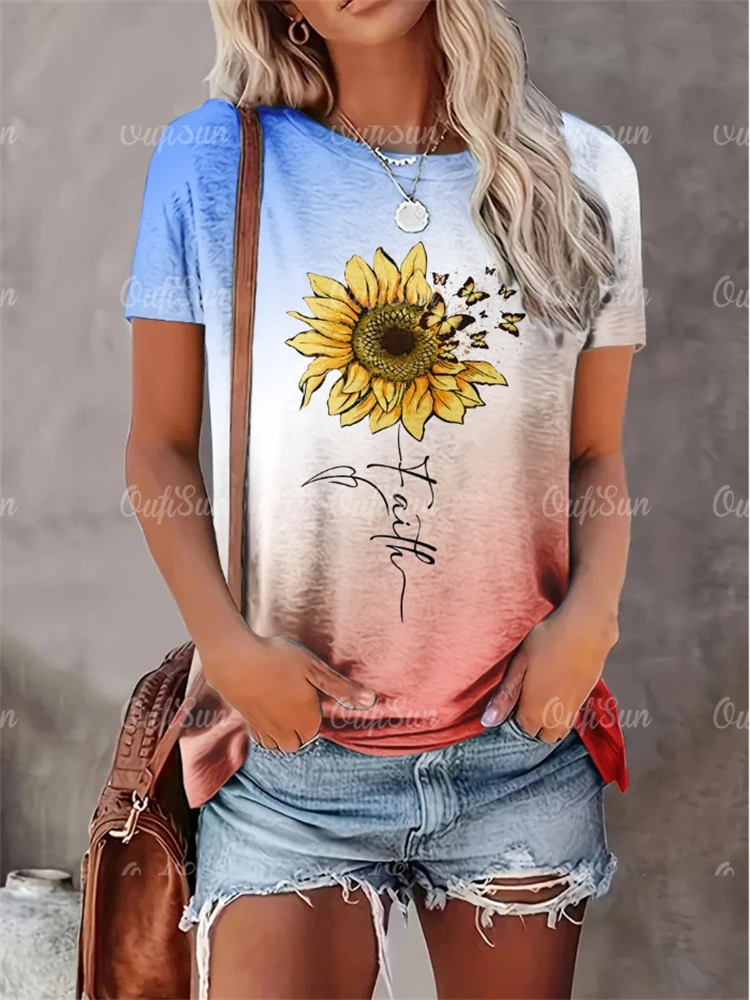 Women Summer Artsy Print Cotton O Neck T Shirt
