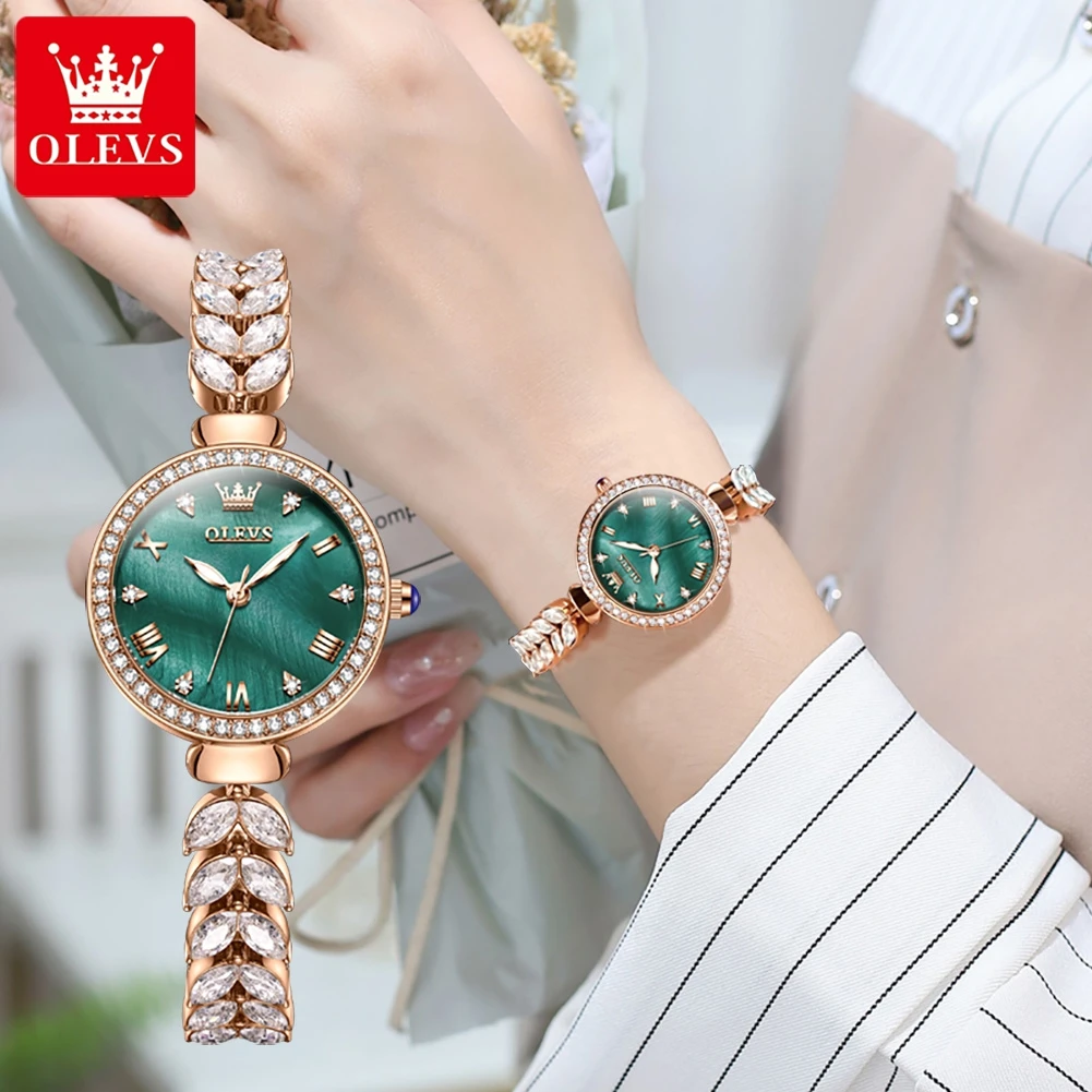 OLEVS Fashion Rose Gold Green Quartz Watch for Women Luxury Crystal Diamond Bracelet Waterproof Womens Watches Montre Femme