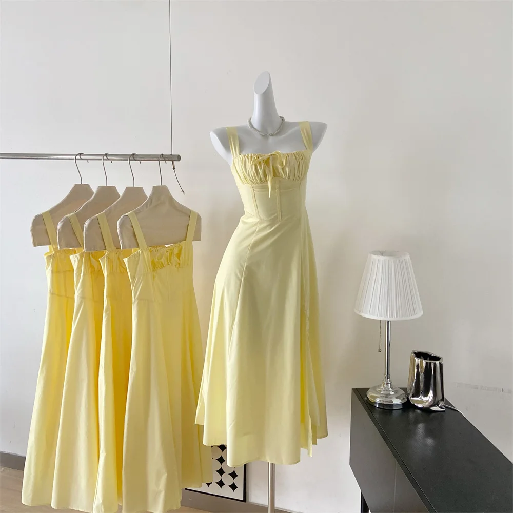 French Vintage Strap Birthday Party Dress High Split Lace-up Summer Off Shoulder A-line Sleeveless Prom Robe Solid Vestido Mujer