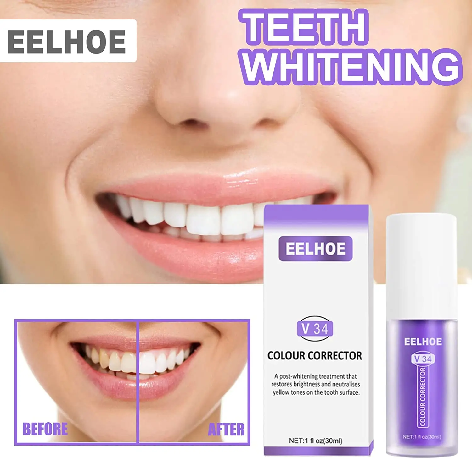 Eelhoe V34 Dentifricio Riparazione Sbiancamento Dei Denti Macchie Detergenti Pulizia Orale Viola Arancione Colore Correttore Dentifricio 2023 Nuovo