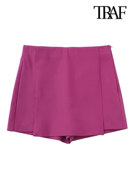 TRAF Women Fashion Front Split Shorts Skirts Vintage High Waist Side Zipper Female Skort Mujer 1