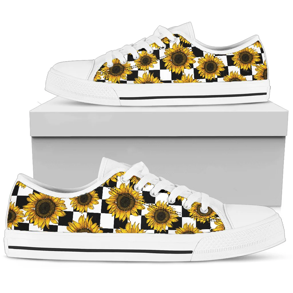 Checkboard Sunflower Prints Black White Women Summer Casual Sneakers Lace Up Canvas Vulcanized Flat Shoes Zapatillas Mujer