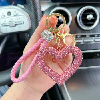 Creative Hollow out Ceramic Clay Full Diamond Love Key Chain Leather Rope Sticking Water Diamond Car Key Pendant Simple