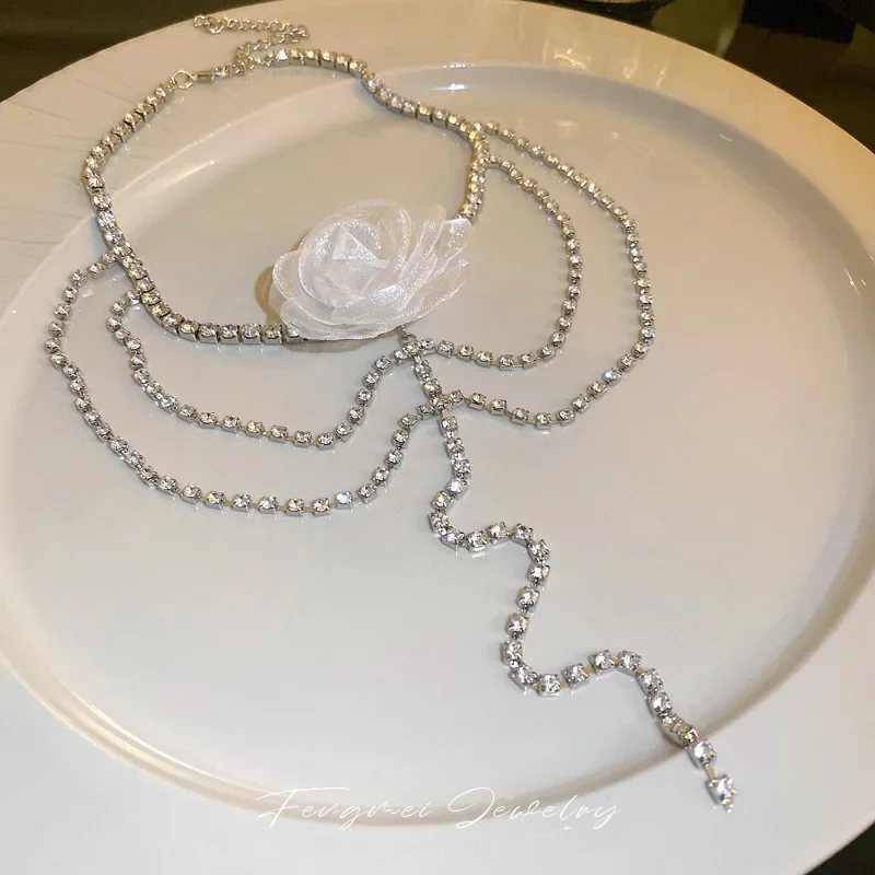 Black Lace Flower Women's Necklace Tassel Multi-Layered Diamond Sparkling Fashion Y2k Banquet Clavicle Chain For Women Jewelry