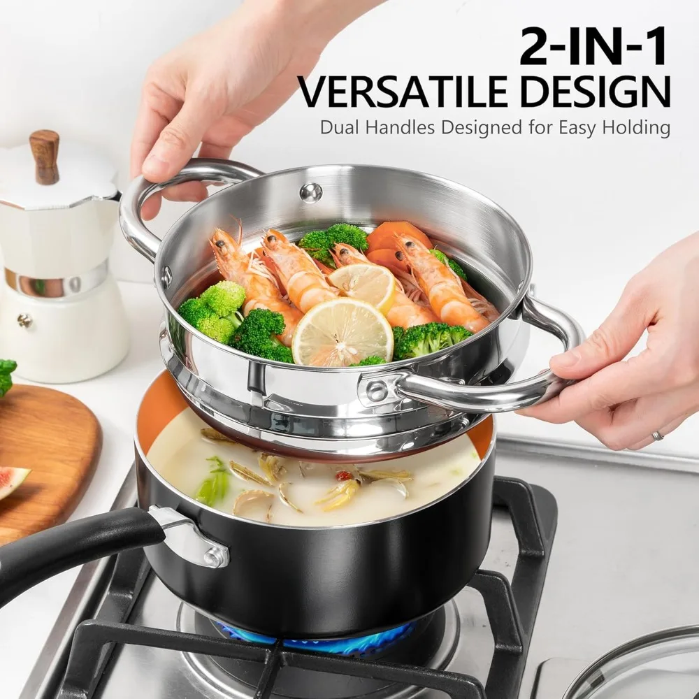 MICHELANGELO Nonstick 1QT & 2QT Ceramic Saucepan Set with Lid and Steamer 2