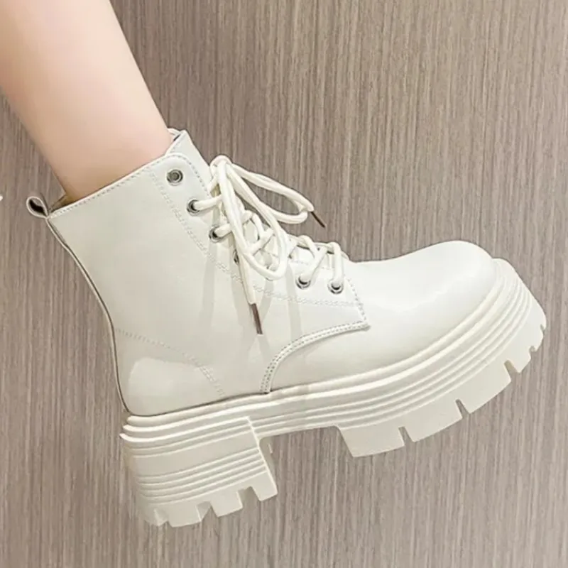 

Autumn Chunky Platform Combat Boots Women 2023 Pu Leather Ankle Boots Women Retro Non-Slip Thick Sole Motorcycle Botas Mujer