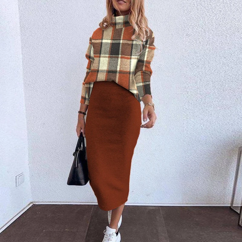 

Winter Fall Turtleneck Tops+Bodycon Skirts Set Elegant Long Sleeve Commute Knitted Outfits Female Casual High Street 2 Piece Set