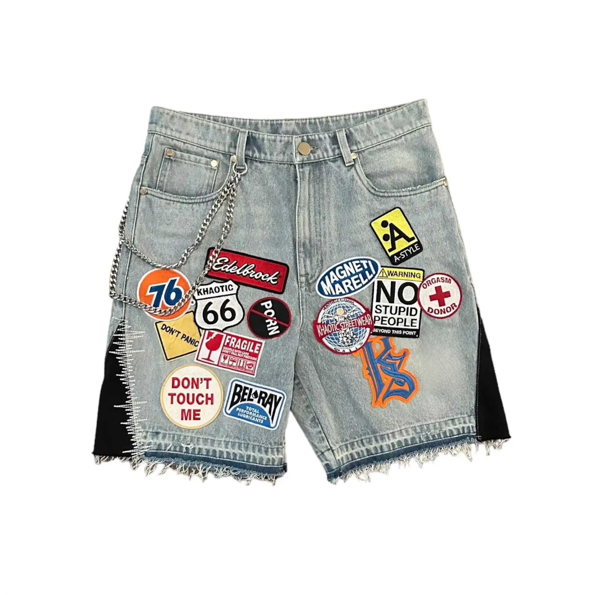 American Patchwork Denim Shorts Y2K Jeans Men Hip Hop Cartoon Pattern Embroidery Retro Blue Loose Denim Fitness Casual Shorts denim shorts summer jeans shorts