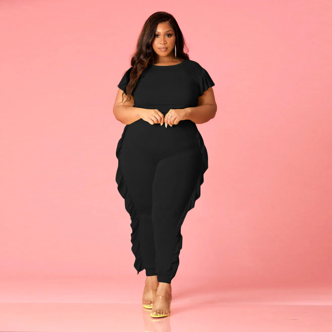 Plus Size Women Sets Solid Tops And Ruffle Pants 2022 Summer Two Piece Sets Designer Outfit Elegant Clothes Fashion Tracksuit