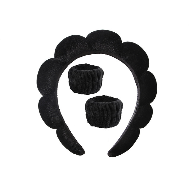 Makeup Headband Puffy Sponge Spa Head Bands for Women Girls Washing Face Skincare Yoga Facial Mask Sports Hairbands Headwear - AC-Black