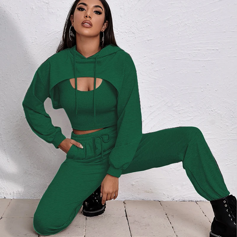 New Women Hoodies Suits Three Pieces Sets 2023 Spring Autumn Long Sleeve Sweatshirts Casual Tank Tops Short Hooded Pockets Pants