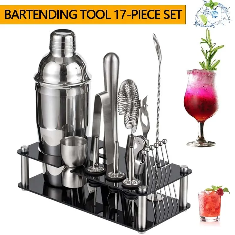 Professional Bar Tool Set Stainless Steel Cocktail Shaker Set Acrylic Stand Bartender Essential Tool for Bar Party Home Use