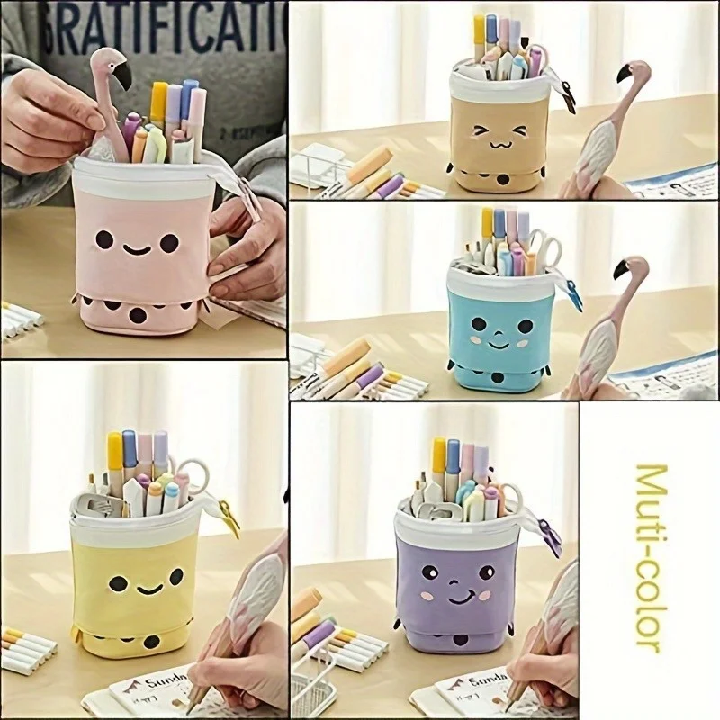 1 astuccio di grande capacità con design a faccina sorridente - Poliestere resistente, espandibile, organizer spazioso per articoli di cancelleria, adatto per la scuola, l'ufficio, i viaggi - Dotato di scomparti per penne, matite e gomme, astuccio portapenne - immagine 3