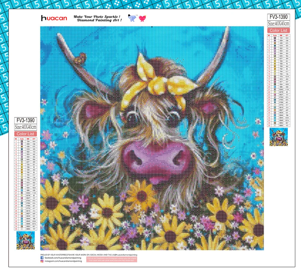 HUACAN 5D Diamond Painting Cow Full Square Round Needlework Art Diamond Embroidery Animal Mosaic Sunflower Handmade Gift