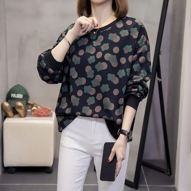 Women's Clothing Autumn and Winter Small Flower Printing Pullover Tops Korean Crew Neck Loose-fitting Long Sleeve Sweatshirts