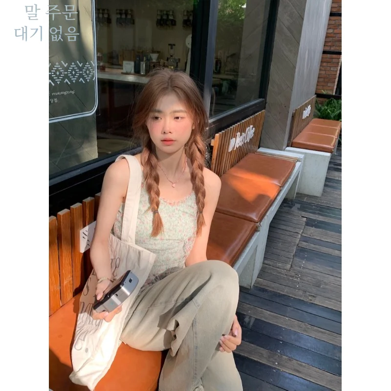 섹시한 꽃 프린트 탱크 탑을 통해 볼 여성 여름 겉옷 한국 스타일 레이어드 커버 업 투피스 세트 백리스 조끼