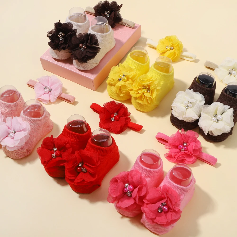 Newborn Baby Headband For Girls Elastic Knit Children Turban Baby Bows Soft Nylon Kids Headwear Hair Accessories with Baby Socks 2