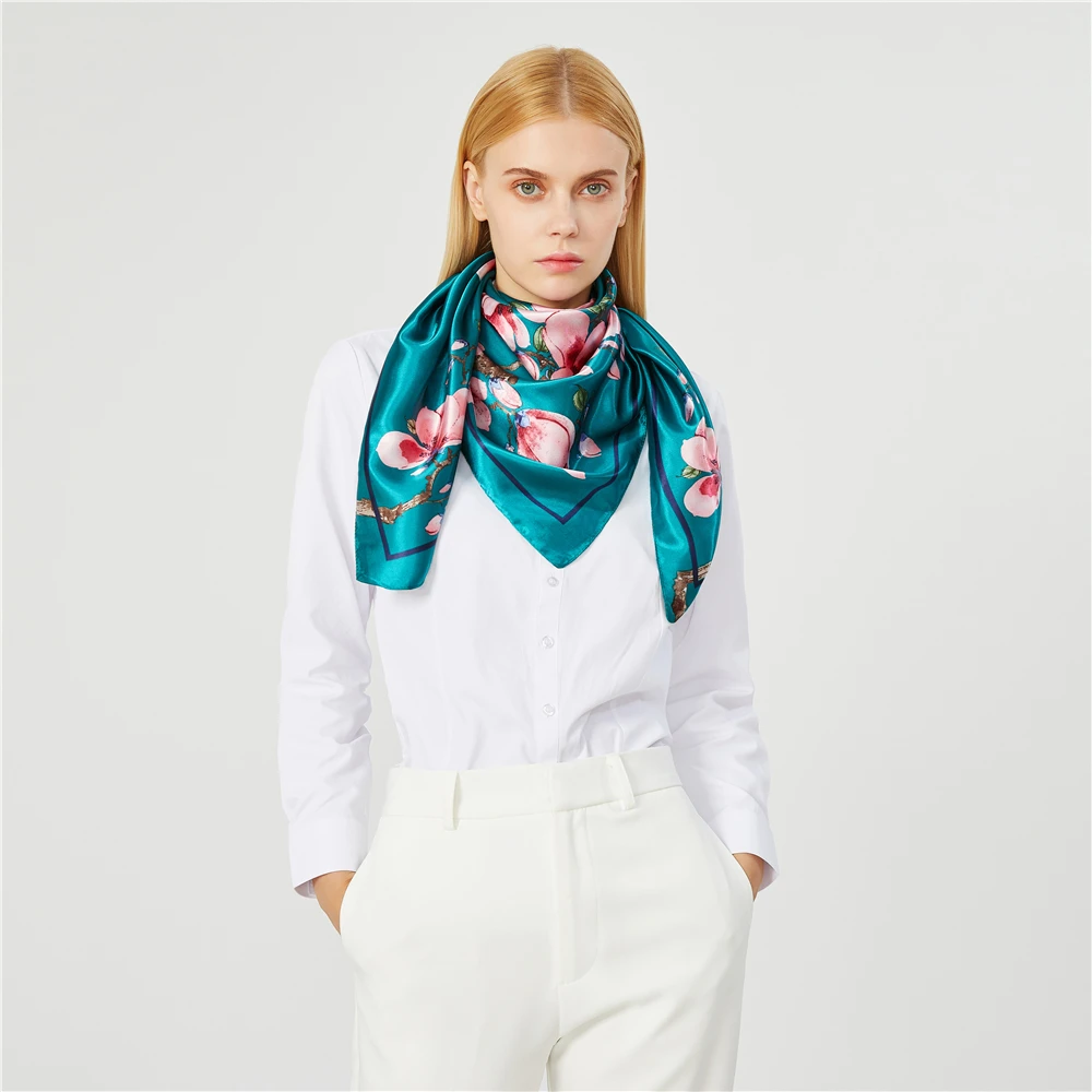 Sciarpa Quadrata In Seta 100% Naturale, Floreale Rosso E Bianco, Donna, Pieghevole E Morbida, WS458