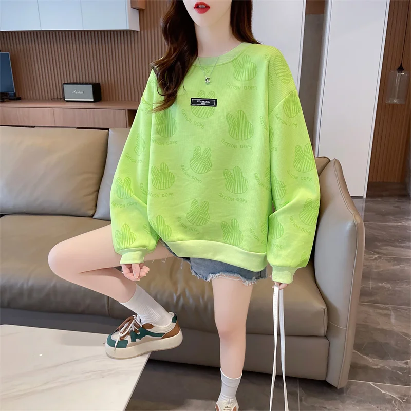 2024 Temperament Printed Spring and Autumn New Women's Round Neck Waffle Fashion Versatile Loose Long Sleeve Hoodies T-shirt Top