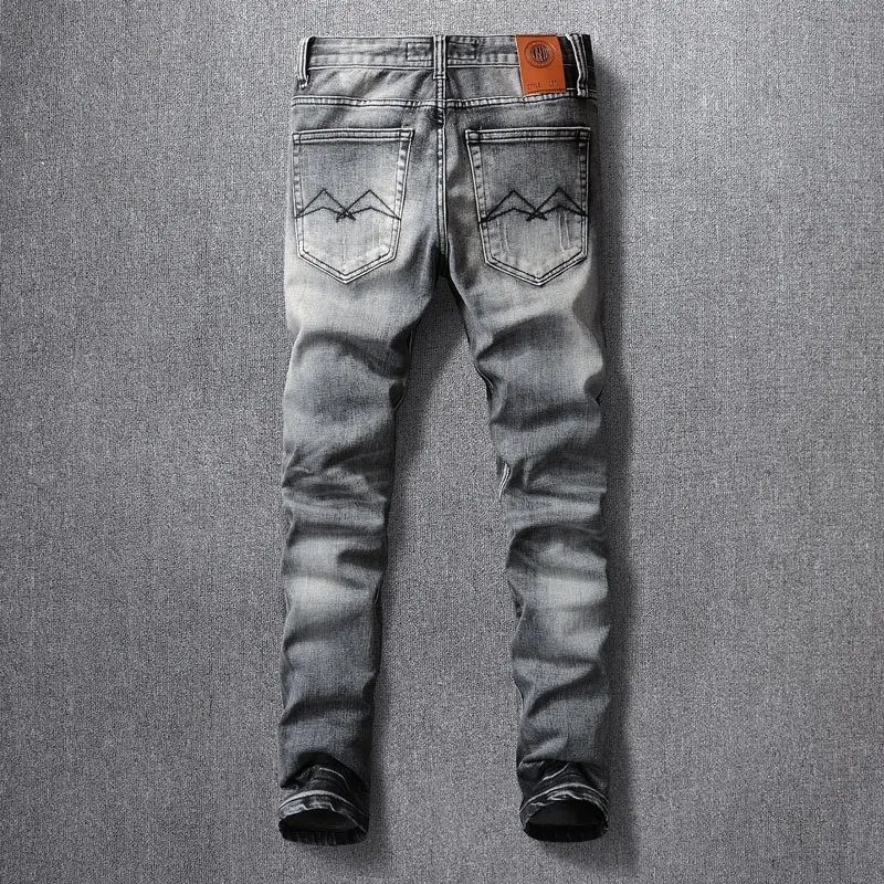 Fashion Vintage Men Jeans High Quality Retro Black Gray Stretch Slim Fit Ripped Jeans Men Designer Trousers Denim Pants Hombre