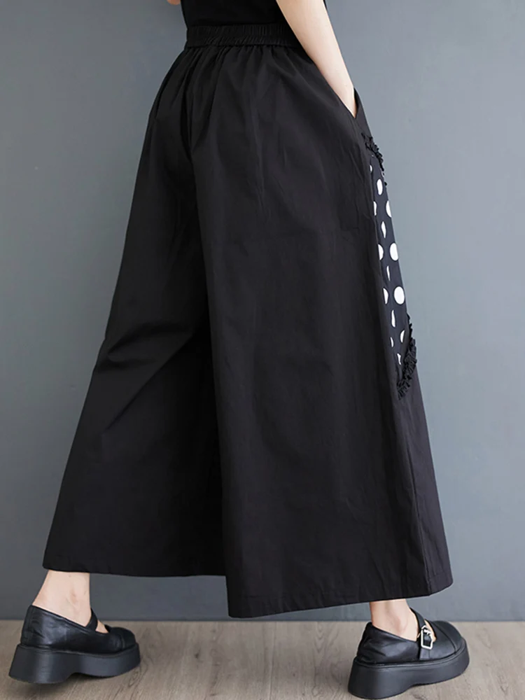 Black Vintage Polka Dot Print High Elastic Waist Wide Leg Pants Women 2025 Summer New Casual Loose Trousers Fashion Streetwear