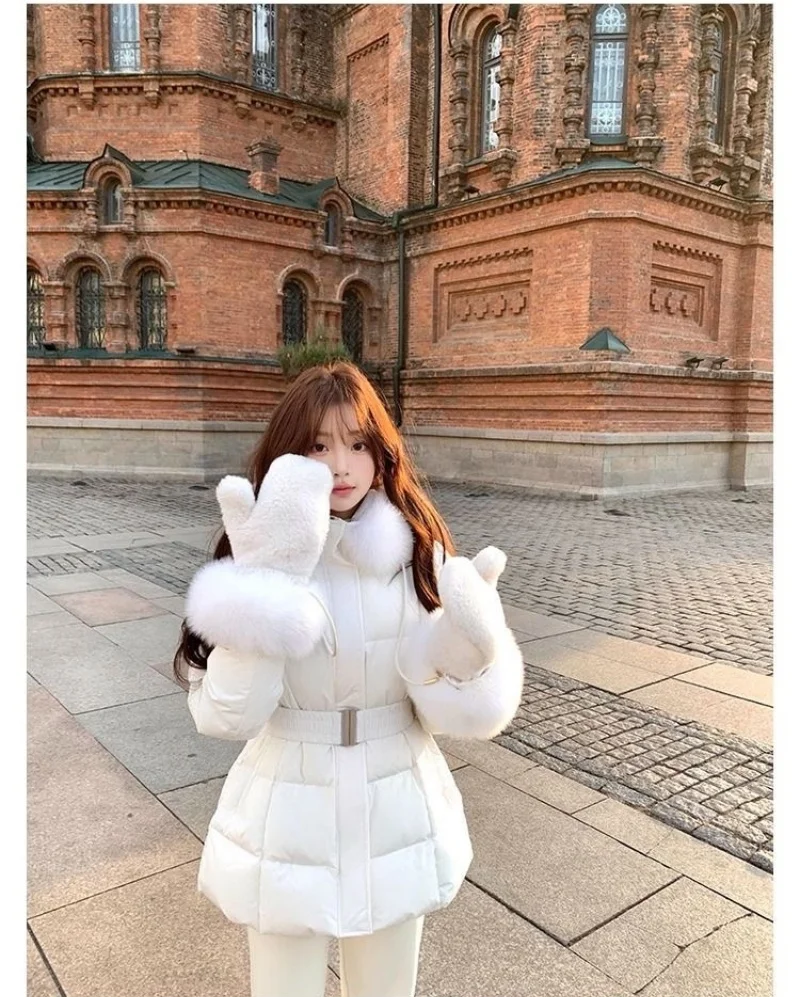 Chic Women's Cotton Padded Jackt with Large Fur Collar Waist-Cinching Mid-Length Parkas Korean Trendy Warm Commute Outerwear